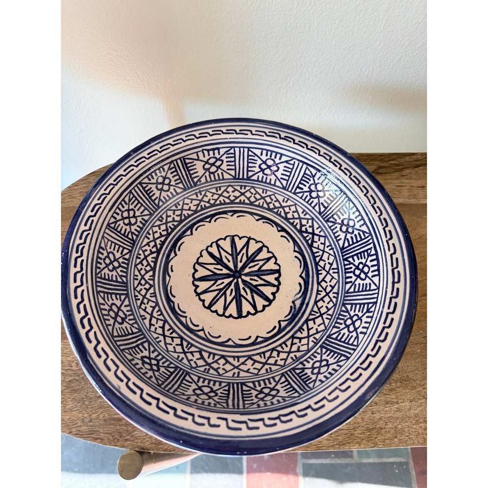 Moroccan Hand Painted Blue White Ceramic Bowl Wall Hanging Decorative Pottery